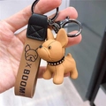 Cute brown French Bulldog keychain with tan leather strap and gold BOOM engraving - B58 French Bulldog / Resin / Khaki