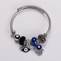 Adjustable stainless steel evil eye cable bracelet with Fatima hand charms and blue beads - Black Blue Style