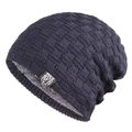 Men's thick knitted beanie with warm fleece lining and stylish tiger patch detail - Navy Blue