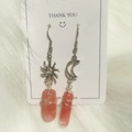 Asymmetric sun and moon stainless steel earrings with wrapped pink crystal stone drops - Watermelon red