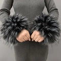 Faux raccoon fur wrist warmers in dark grey featuring plush and soft texture sleeves - Black and White Jacquard