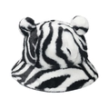 Plush faux fur bucket hat with zebra stripes and cute bear ears for winter warmth - White Zebra Print