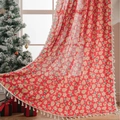 Red Christmas gingerbread man curtain with white fringe tassels and holiday tree pattern - 150*160 / Red Gingerbread Man Rod Pocket