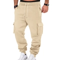 Detail of khaki fleece cargo sweatpants featuring white drawstring and side flap pockets - Khaki