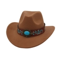 Vintage brown felt cowboy hat featuring an ornate turquoise-style stone band decoration - One Size / Khaki (Brown Embroidered Leather Band)