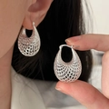 S925 silver geometric teardrop hoop earrings with intricate hollow mesh weaving design - S925 Silver Hollow Mesh Teardrop Earrings (ED2570)