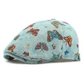 Ethnic retro jacquard beret with colorful butterflies on a light blue fabric background - One Size (Adjustable) / Sky Blue