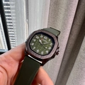 Men's square quartz watch with green checkered dial and green silicone strap - Green Strap (73838)
