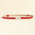 Elegant red patent leather skinny belt with double pearl square buckle and crystals - 19026 Red/Pearl Round Buckle