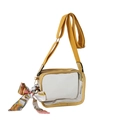 Transparent PVC small square bag with yellow wide strap and decorative floral silk scarf - Yellow