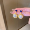 Orecchini vintage in oro con gemme blu scuro e grandi perle color crema - 29# Perno d'argento - Cerchio con Perla Bianca