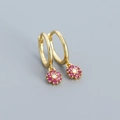 925 silver flower hoop earrings with golden finish and pink zircon gemstone details - 925 Silver / Golden (Red Stone)