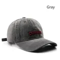 Vintage gray washed denim baseball cap with red embroidered CONQUER text and curved brim - Gray