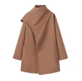 Detail of asymmetric wide lapel and soft wool texture on brown long-sleeved coat - S / Tan