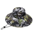Leaf camouflage outdoor sun hat with wide brim, breathable mesh, and adjustable chin strap - One Size / Black