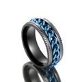Macro shot of rotatable deep blue chain on black stainless steel industrial ring - Black+Blue