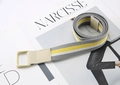 Close-up of striped canvas belt with metal buckle on a fashion magazine background - Grey Yellow White Striped (Beige Buckle)