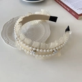 Elegant twisted white lace headband featuring dual rows of artificial pearls for women - 210506 Beige