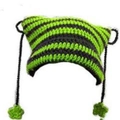 Neon green and grey striped knit cat ear hat with star fringe and long ties - Black Green Stripes