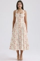 Detail of floral halter dress with pink print and drawstring neck on cream fabric - White With Red Floral