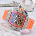 Tonneau-shaped luxury sport watch with diamond bezel and vibrant orange rubber strap - Orange Dial Silver Case Orange Strap