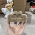 Square plush hair claw clip in light brown faux fur for elegant updos - Large Khaki (approx. 12cm)