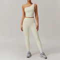 Women's cream white one-shoulder sports set with high waist leggings and crop top - S / Creamy Apricot (Tank+Pants)