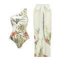 Detail view of one-shoulder cut-out swimsuit with tropical floral print and matching sarong - S / Set