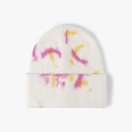 Berretto in maglia crema con motivi tie-dye rosa e gialli e risvolto a costine - Taglia unica / Tie-dye Bianco Crema