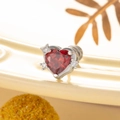 Red heart zircon stud earring in silver steel with three clear accents - Pomegranate Red (Single Piece)