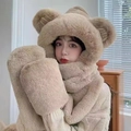 Thick khaki plush 3-in-1 hooded scarf with pockets and bear ears for winter warmth - M Bear Ear 3-piece Set / Coffee