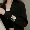 Adjustable silver irregular fold cuff bracelet worn over a black blazer sleeve - High-Gloss Mirror Wide Band (16#)