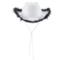 Chapeau de cowboy blanc avec garniture en plumes noires et mentonnière réglable - Chapeau de Cowboy Blanc Avec Plume Noire