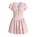 Rosa kariertes Minikleid mit Puffärmeln und Schleifenakzent für einen süßen Look - Rosa / XS
