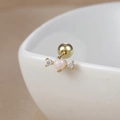 Macro view of 18K gold stainless steel lollipop stud earring with pink pearl and white zircon - 60065-8 Gold - Pink Bead
