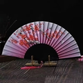 Pink gradient folding fan with plum blossoms, butterfly pattern and pink tassel - Black Bone Pink Plum Blossom