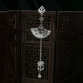 Detail of vintage silver plum blossom fan pendant with tassels on a wooden screen - Z246-4 Fan Lock Bell