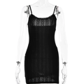 Close-up of black cotton slip dress featuring delicate lace V-neck and mesh knit texture - S / Black