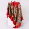 Close-up of red paisley square silk scarf showing satin luster and delicate textures - 90x90cm / Red (D9239)