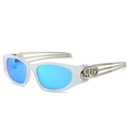 Sporty square sunglasses with translucent white frame, blue mirror lenses, and silver arms - White Frame Blue Mirror Lens