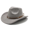 Detail of grey suede fedora hat with brown leather band and metal star studs - M (56-58cm) / Grey Suede