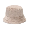 Macro shot of thick plush beige winter bucket hat with textured checkered faux fur pattern - 56cm-58cm / Beige