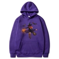 Purple Halloween hoodie in M size featuring witch pumpkin and bat prints on the front - Purple