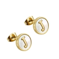 Golden stainless steel stud earrings with white pearl inlay and the letter J motif - Letter J