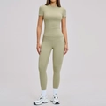 Women's quick-dry sage green yoga set with slim short sleeve top and high waist leggings - S / Top And Bottom / Moss Green