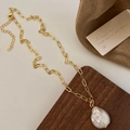 Baroque pearl necklace with a large natural pendant on a golden paperclip chain link - Freshwater Pearl Pendant Gold Chain Necklace