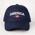 Detailed close-up of America 1776 embroidery on navy blue cotton twill baseball cap - Adjustable / Navy Blue