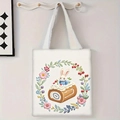 Detail of white canvas tote bag featuring a cute bunny on a strawberry roll cake print - Bunny on Swiss Roll (jiayingstd83)