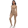 Detailed close-up of seamless knitted khaki sportswear set with breathable geometric patterns - S / Brown