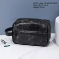Large black PU leather toiletry bag with vintage marble texture and side handle for travel - Black Large